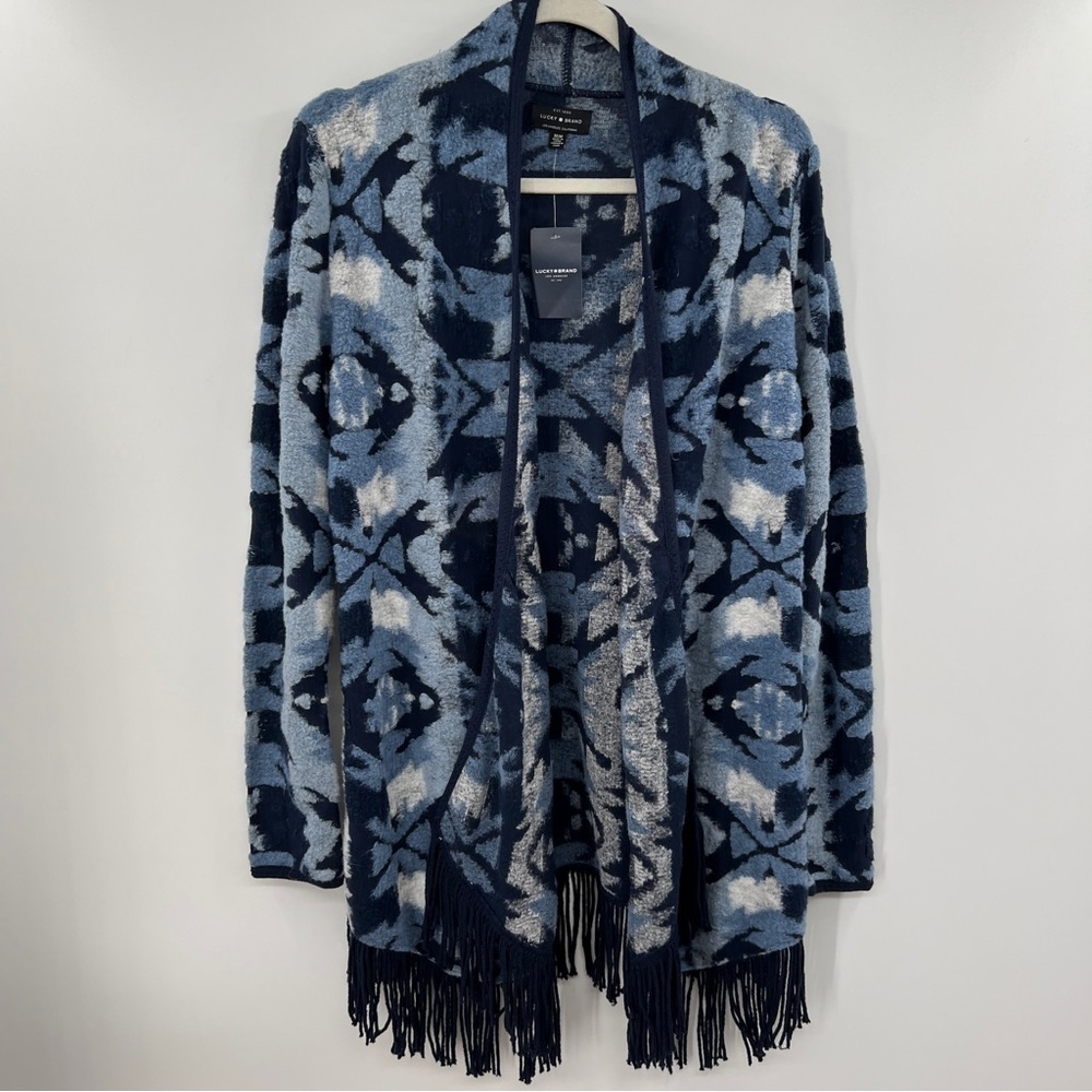 Lucky Brand Geometric Tribal Long Sleeves Fringe Open Draped Sweater Multi new